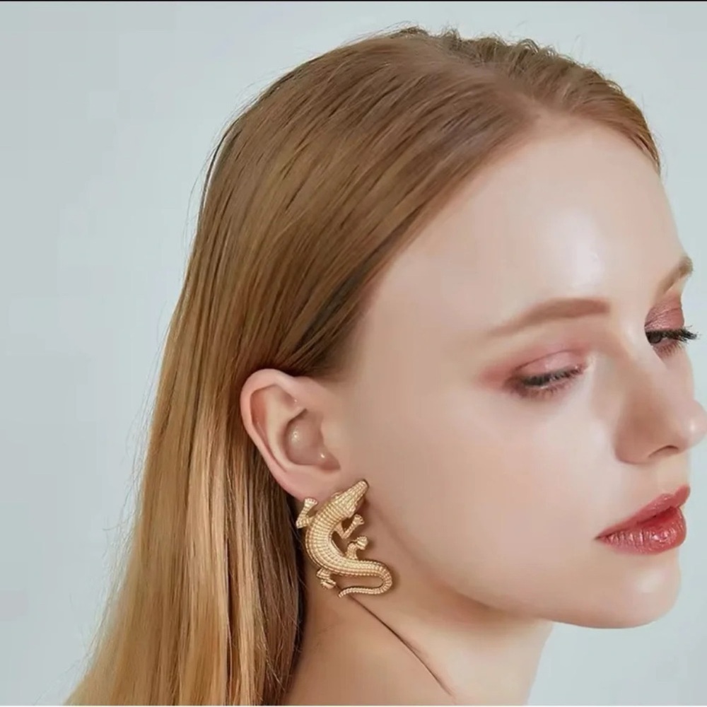 Alligator Gold Textured Statement Earrings - Picture 11 of 15